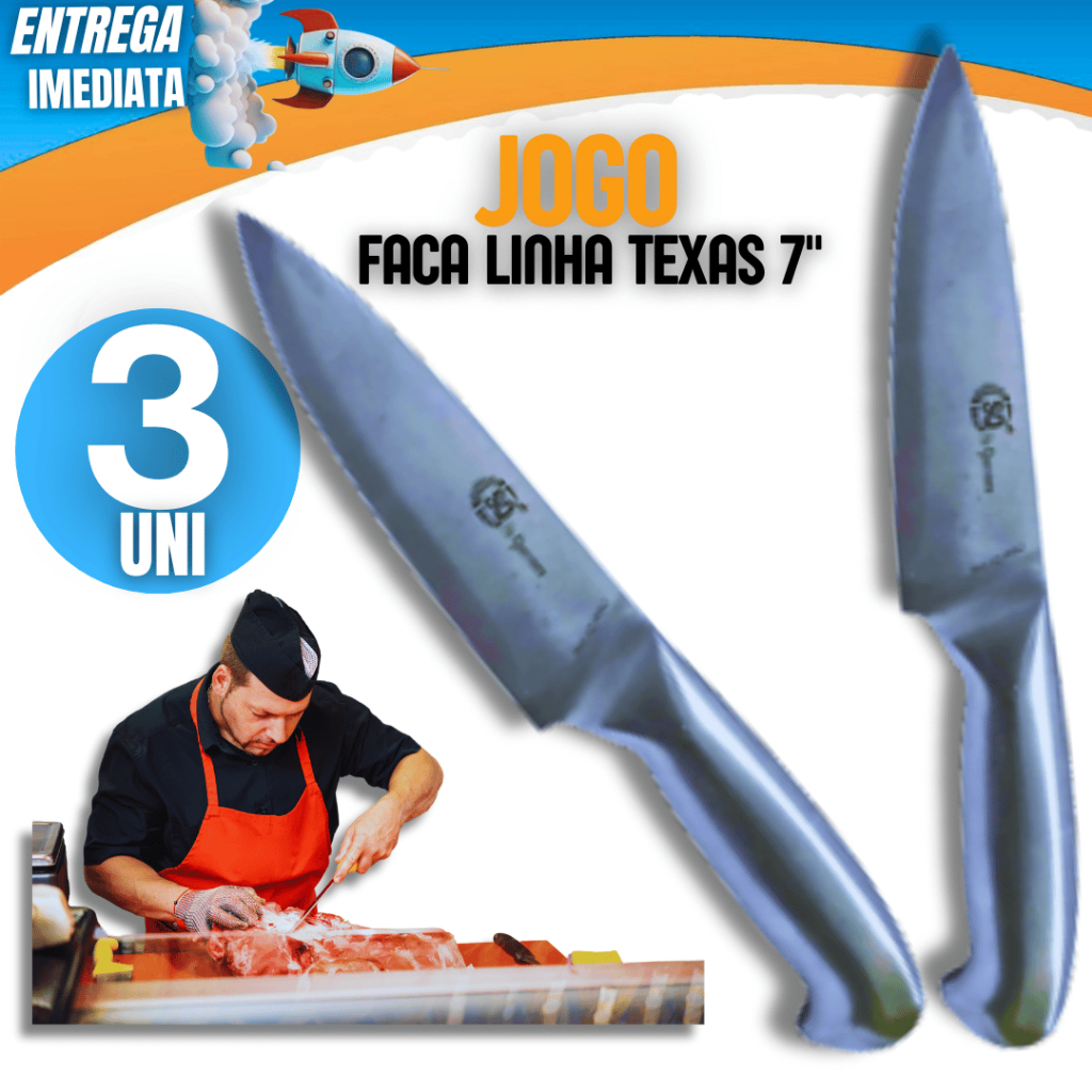 KIT 3 Facas Inox Peixeira Cozinha 7" Polegadas resistente Linha Premium Versátil Pratico Corte Preciso Texas