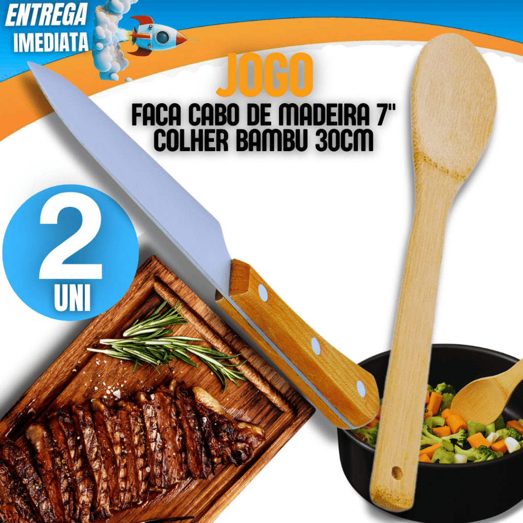 Combo 02 Unidades -  Faca Cabo de Madeira 7" Polegadas Inox + Colher Bambu Linha Premium Alta Qualidade Não Risca Panela