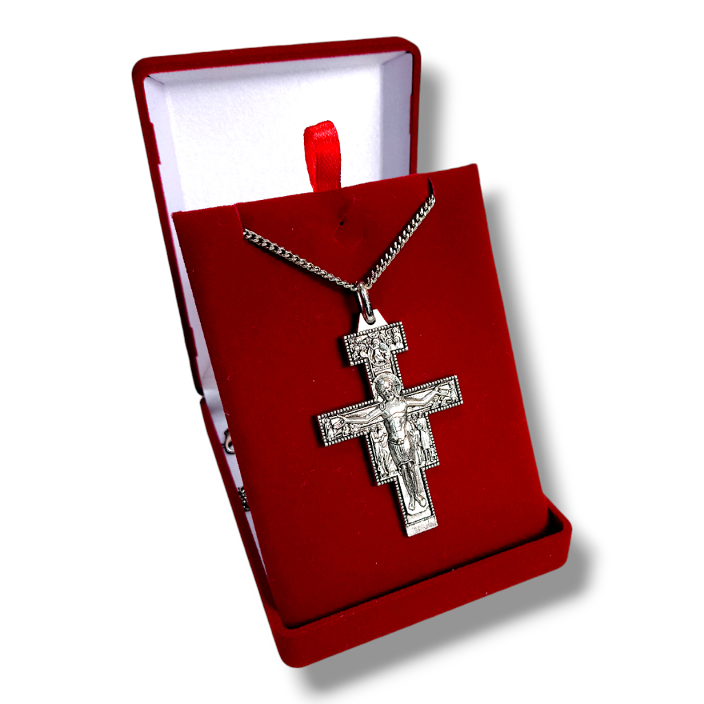 Cruz de São Damião, cruz de São Francisco de Assis, crucifixo, pingente, colar, oracao no verso