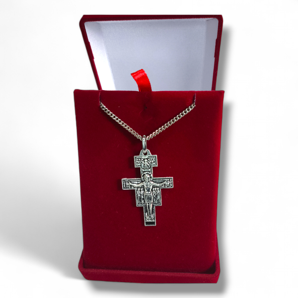 Cruz de São Damião, cruz de São Francisco de Assis, crucifixo, pingente, colar, oracao no verso — imagem 2 de 2