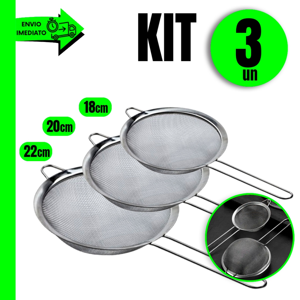 Kit 3 Peneira Aço Inox 22cm 20cm 18cm Para Sua Cozinha Restaurante Lanchonete Bar