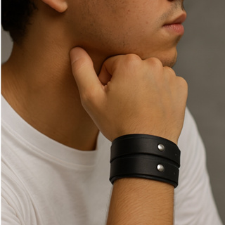 Pulseira Masculina Aço Inox – 2 Tiras de Couro em Oferta na Shopee