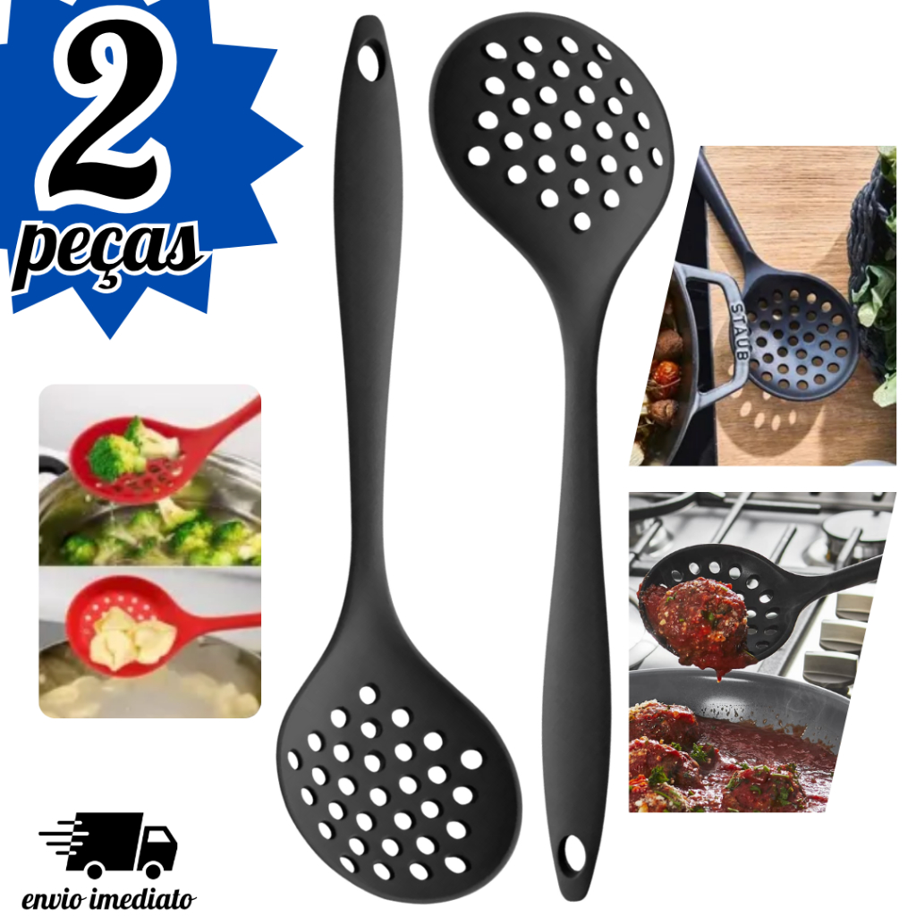Escumadeira de Silicone Cor Preto Utensílios de Cozinha Antiaderente Não Risca Panela