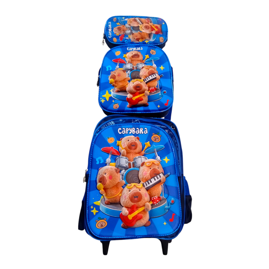 Kit Mochila Escolar Rodinha 3 Em 1 Infantil Capivara 3d Alto Relevo Impermeável