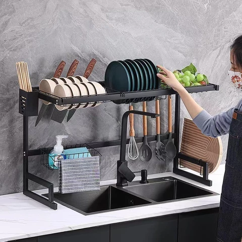 haosin Kitchen Escorredor Rack Aço Inoxidável 65cm Ajustável Organizador Louça Preto Suspenso Modular Cozinha