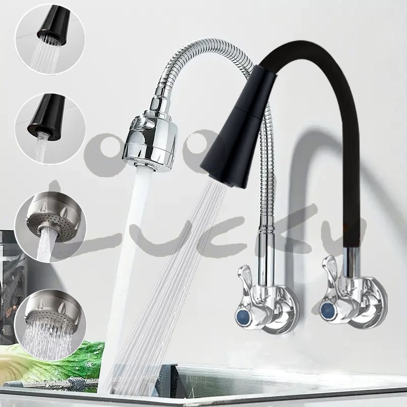 Inox prata maciça Torneira  1/4 de volta com chuveiro com rotação de 360° Cozinha Luxo Parede  Cano Flexível