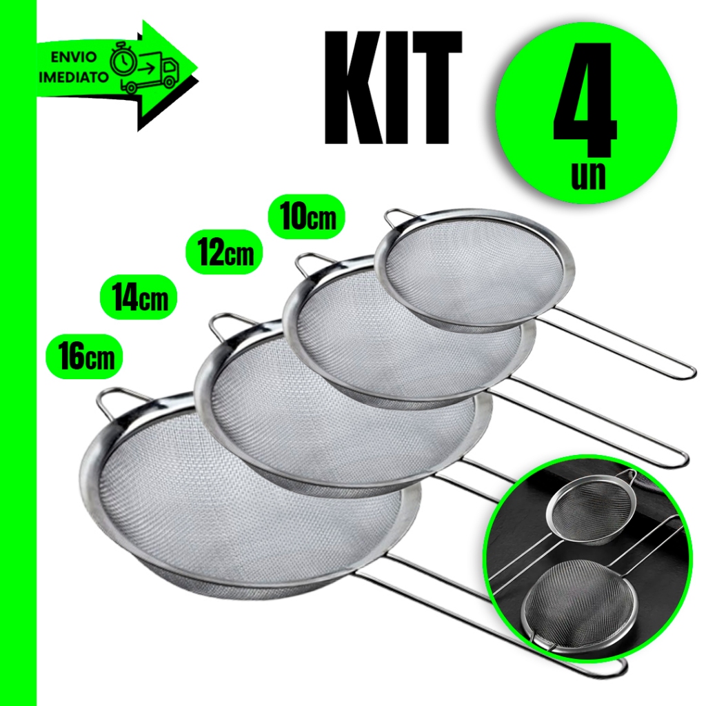 Kit 4 Peneira Aço Inox 16cm 14cm 12cm 10cm Para Sua Cozinha Restaurante Lanchonete Bar em Oferta na Shopee