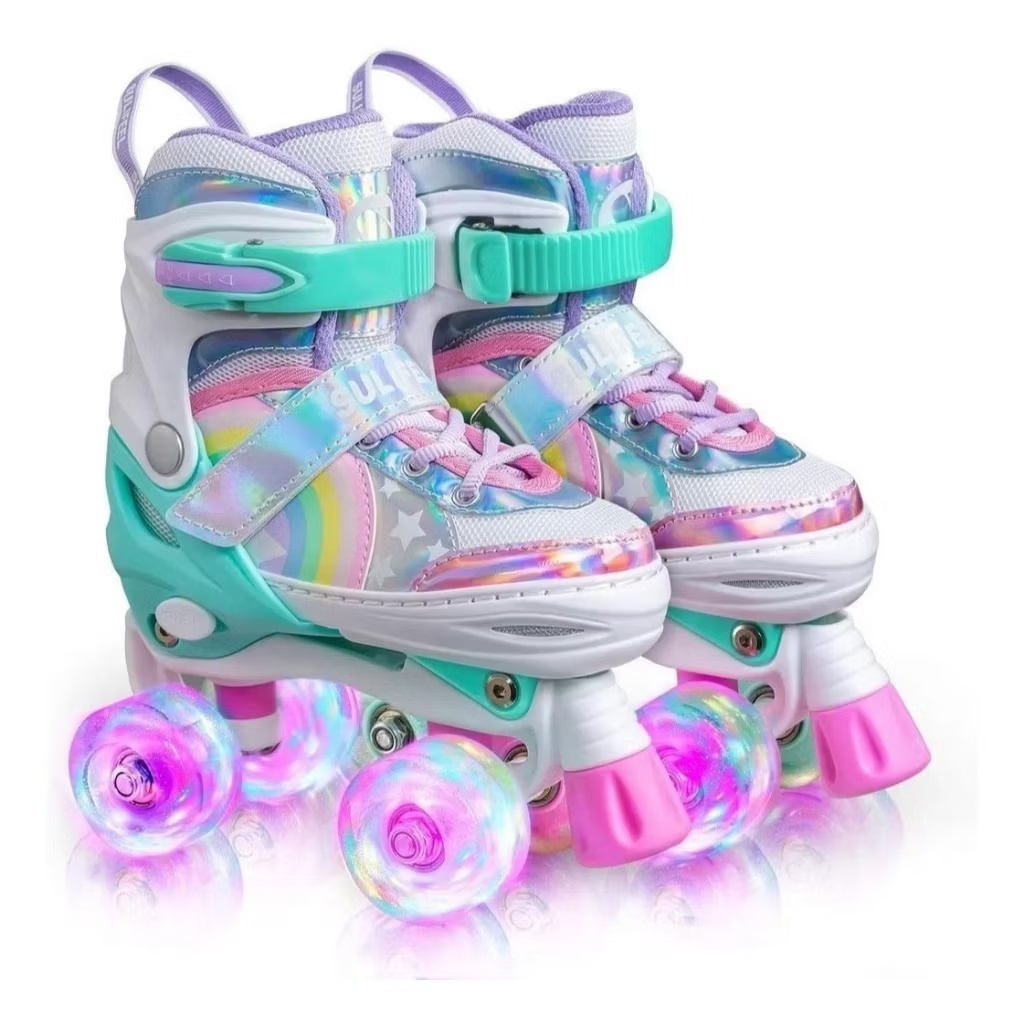Patins Infantil De 4 Rodas Verde Arco-iris Com Led