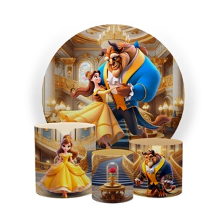 Kit Painel Festa Redondo 1,50x1,50 Com Trio Capas De Cilindros A Bela e a Fera em Oferta na Shopee