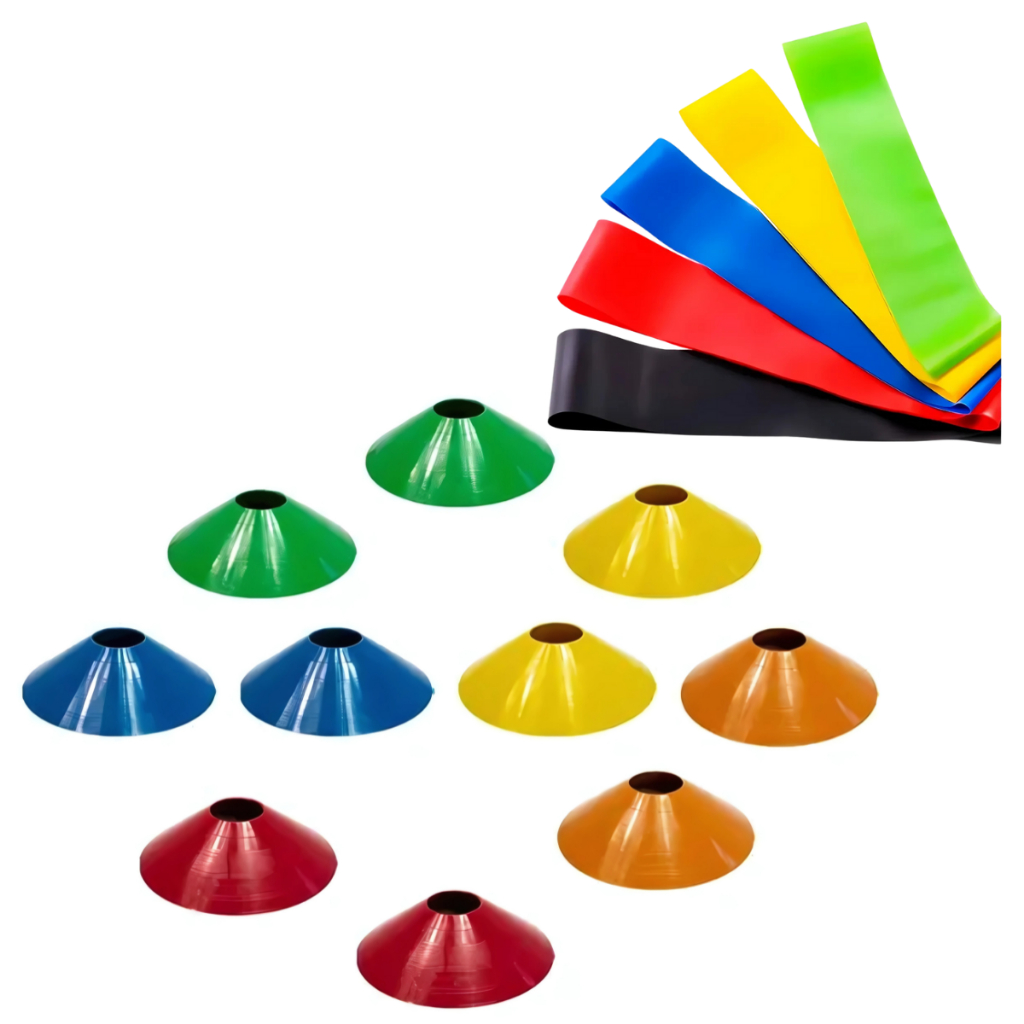 Kit Funcional Treino Agilidade 10 Pratos Chapéus Chinês e Kit 5 Faixas Elásticas Mini Band Treino Funcional