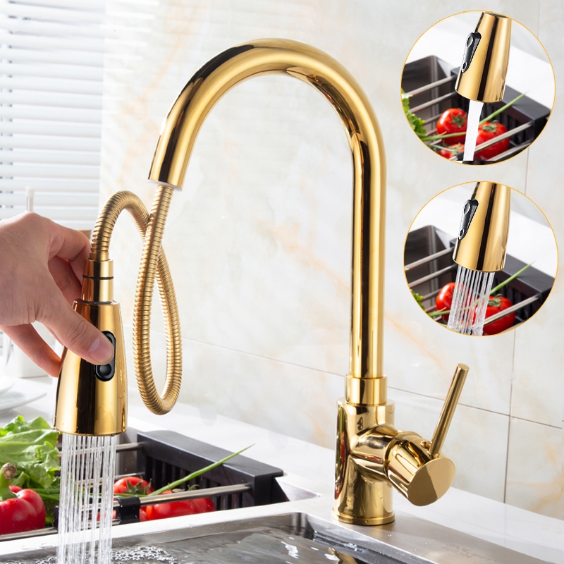 Detalhes do Torneira Cozinha Torneira Gourmet Misturador Monocomando Quente E Frio Extensível Dourado Acabamento Brilhando Yesop