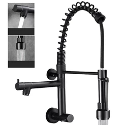 Torneira Cozinha Gourmet De Parede Com Pulverizador Retrátil Com Bica Dupla Cor Preto Fosco Yesop