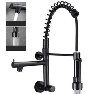 Torneira Cozinha Gourmet De Parede Com Pulverizador Retrátil Com Bica Dupla Cor Preto Fosco Yesop em Oferta na Shopee