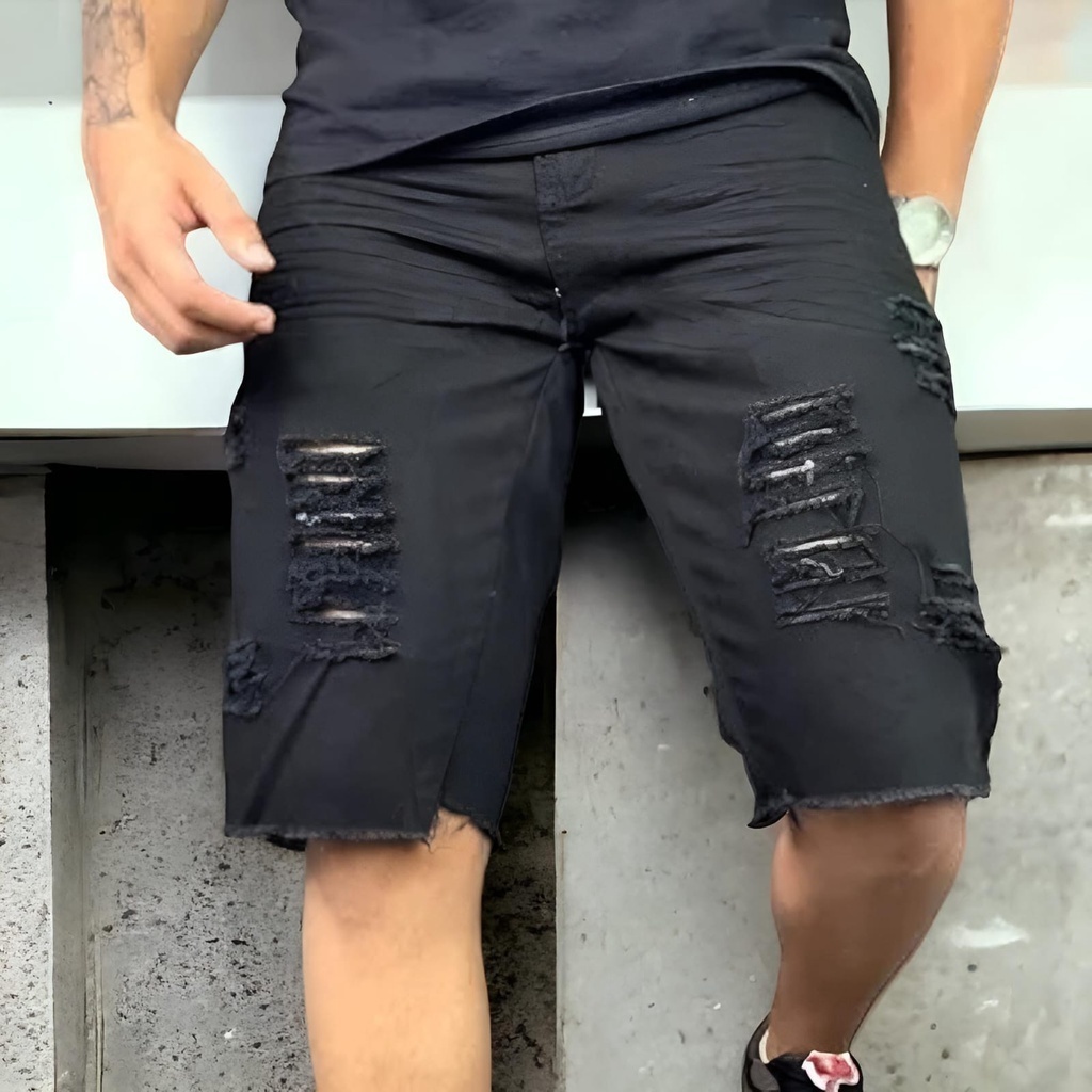 Bermuda Jeans Masculina Rasgada Sarja preta  Destroyed Desfiada Branca 2026