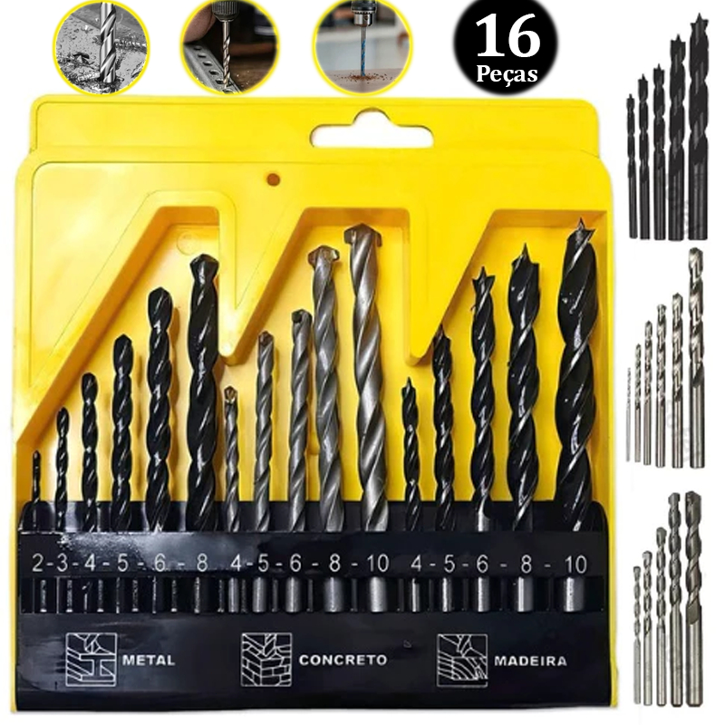 Jogo kit De Brocas 16 Peças C/ Estojo Madeira Ferro Concreto Aço Metal Para Furadeira Parafusadeira