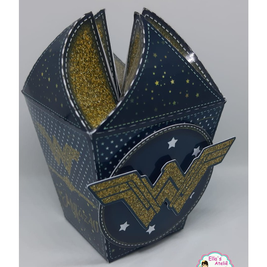 5/10/15/20 Caixa Sushi  Pétala Personalizada  MULHER MARAVILHA Preta com Dourado