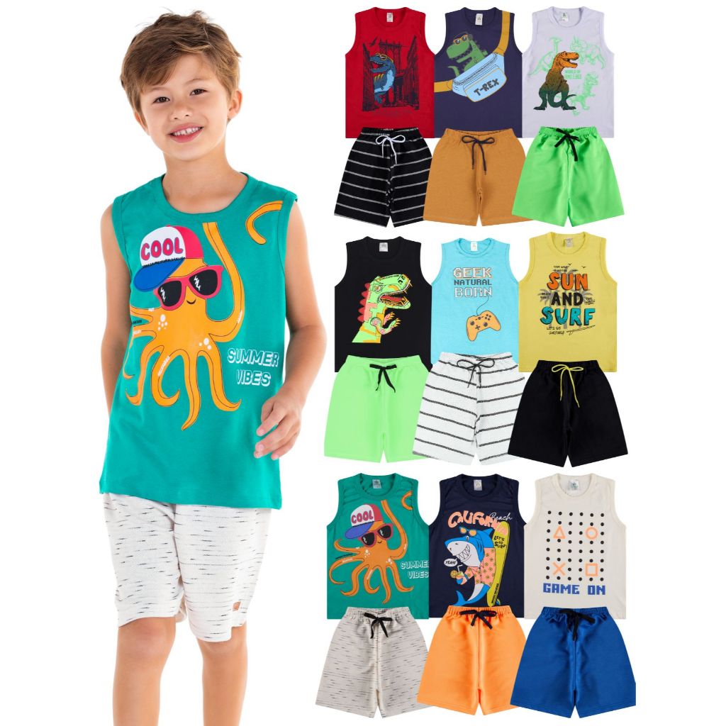 Kit 2, 6 Ou 10 Peças de Conjunto Regata para Meninos Infantil Masculino Regata e Bermuda Moletinho em Algodão para Verão em Oferta na Shopee