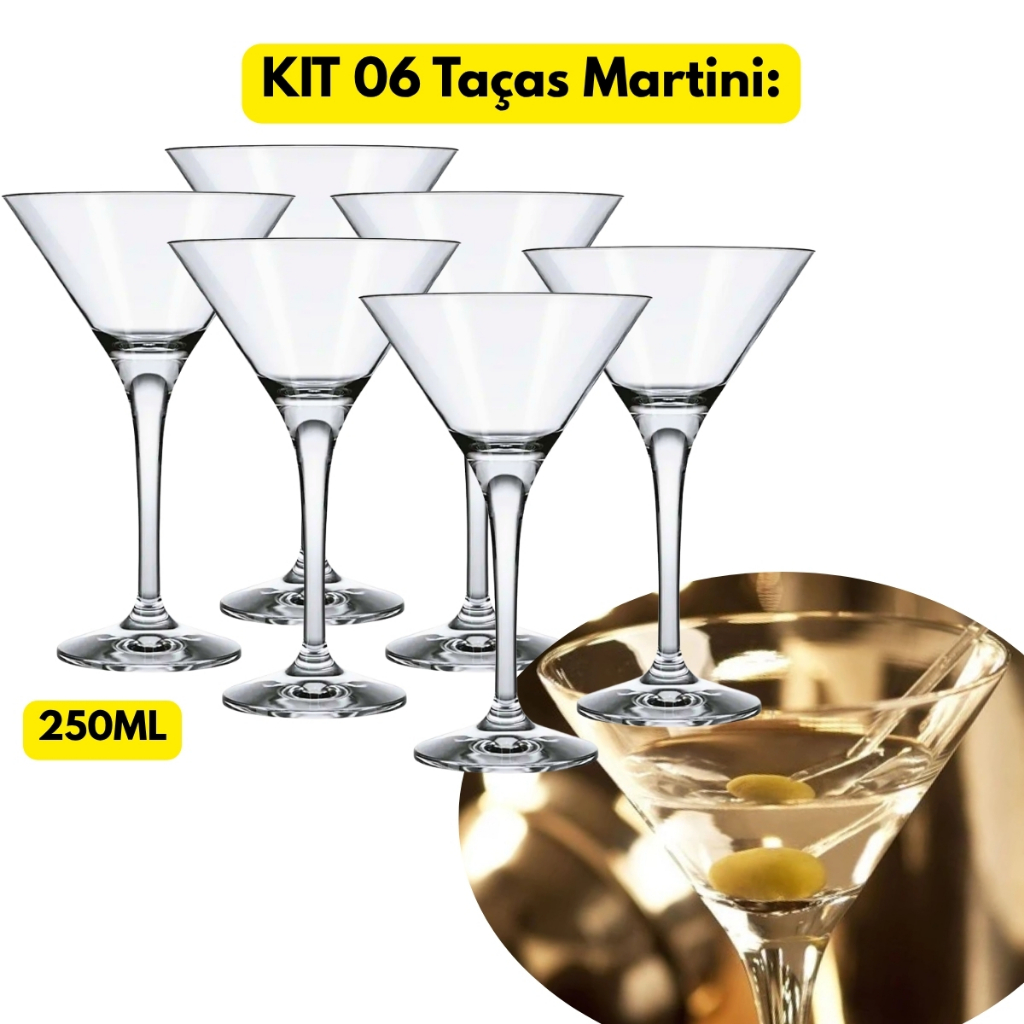 Jogo Kit 06 Taças Vidro Martini 250ML Coquetel Tequila Destilado Bar Barman Restaurante Drink Buffet
