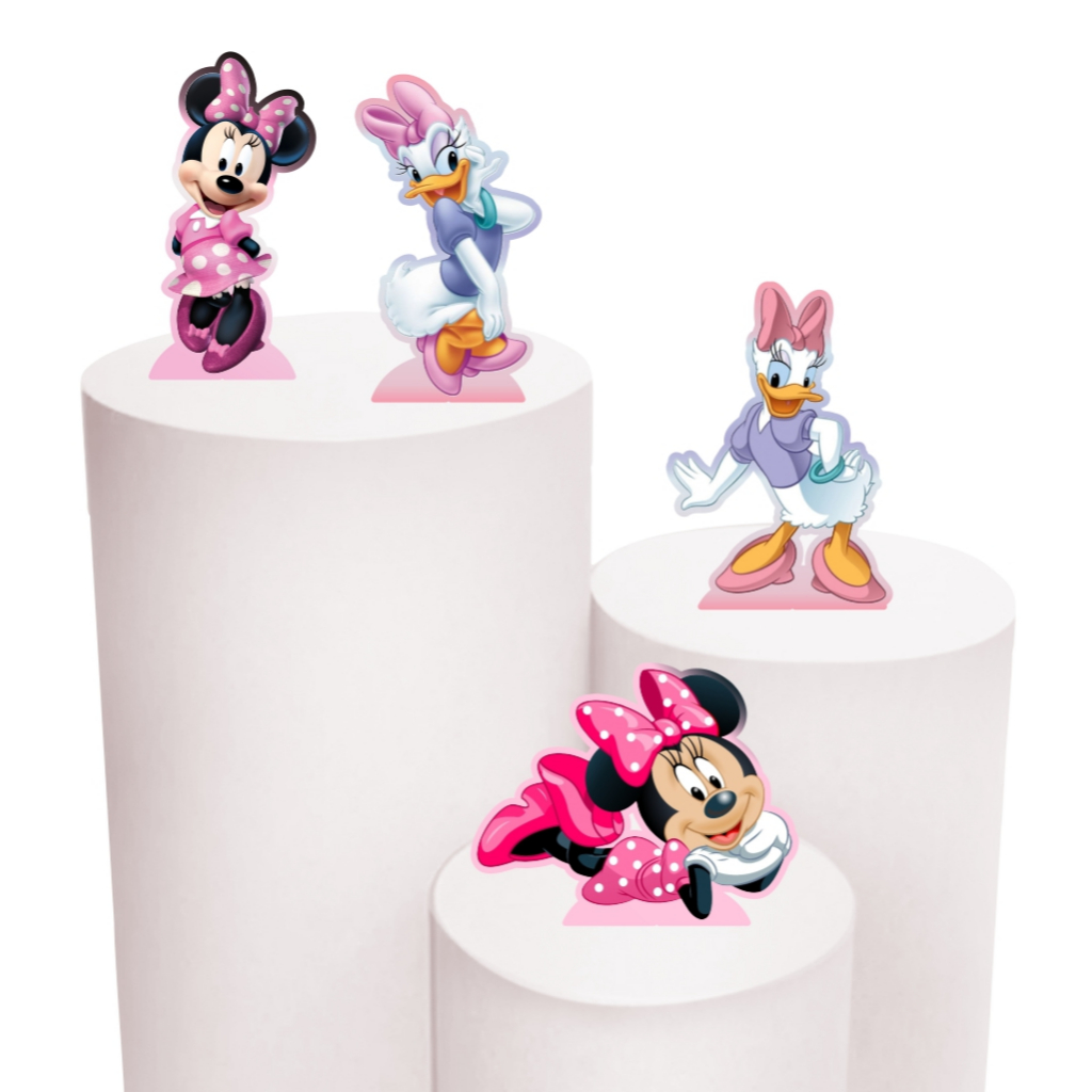 Kit de Display 4 de 20cm Totens para Decoração de Festa Minnie Rosa e Margarida MDF Cortado a Laser