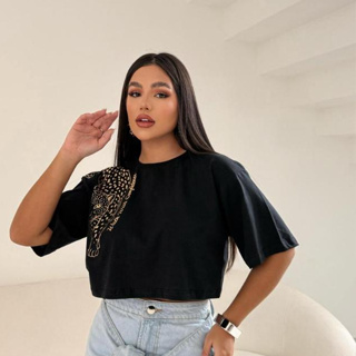 Cropped Oversized Feminino Estampa Onça foil 100% Algodão em Oferta na Shopee
