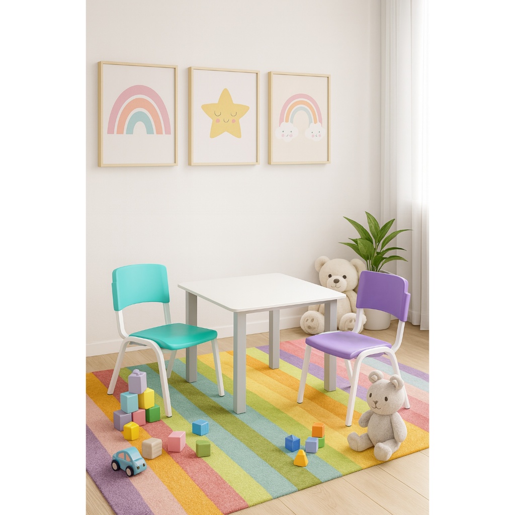 Kit Conjunto Mesa Infantil com 1 Cadeira Roxa e 1 Cadeira Verde Água Estudo Didática Educativa