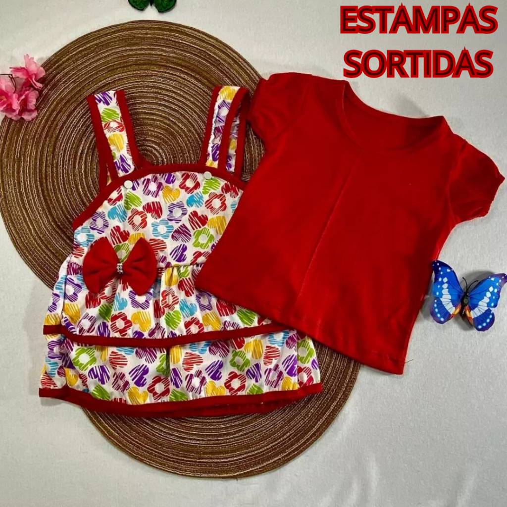 Conjunto Infantil Feminino Jardineira com Camiseta- Estampas Variadas