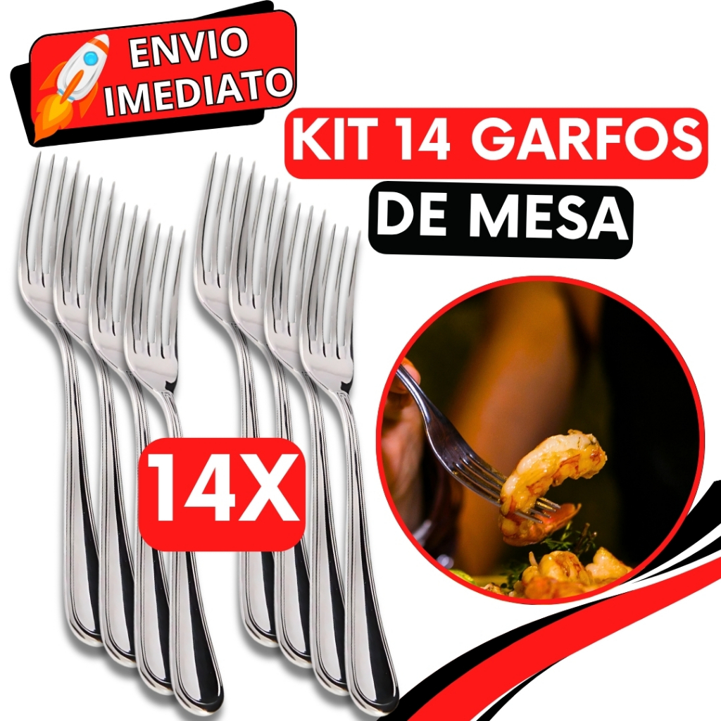 KIT Conjunto 14 Peças Garfo de Mesa Talher Aço Inox Polido Super Resistente Para Casa Restaurante Buffet Bar Refeição