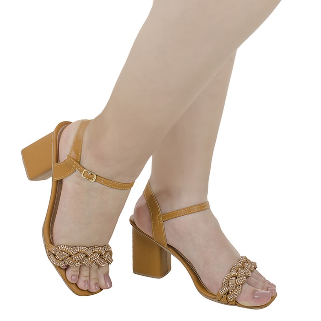 Sandália Feminina Caramelo Social Strass Elegante Confortável Salto Alto Grosso Casual Festa Naty Shoes