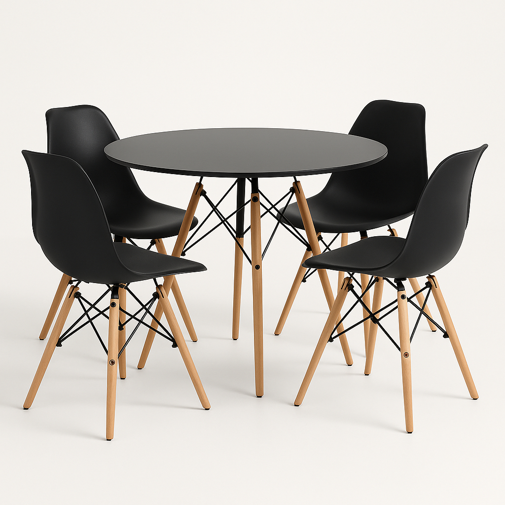 Conjunto Mesa Redonda Eiffel 70cm + 4 Cadeiras Charles Eames Pretas – Kit Completo para Jantar Pronta Entrega