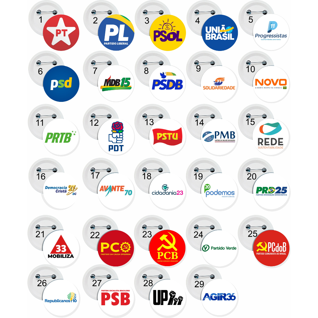 Kit 20 botons 3,5cm Partidos Políticos: PT, PL, REDE, PSD, PSDB, UNIÃO BRASIL, MDB, NOVO, PDT, PSB