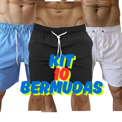 Kit 10 Short masculino praia academia bermuda treino azul preto branco tactel elastano