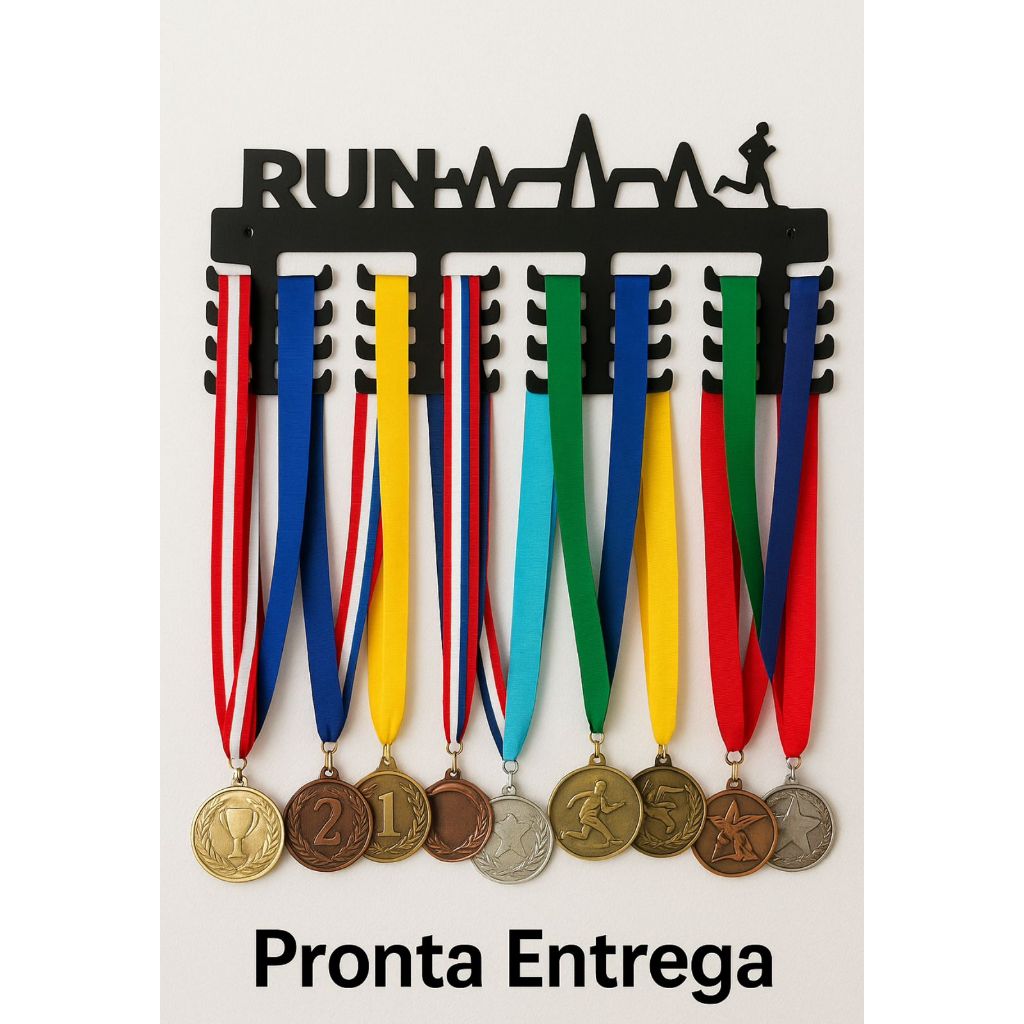 Porta Medalhas Corrida RUN MDF Preto | Capacidade 32 Unidades