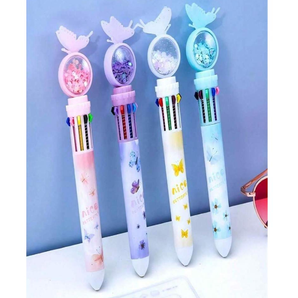 Caneta 10 Cores 3D+Gráfico Borboleta com Glitter 10 Em1 multicor kawaii fofa Caneta de Esferográfica em Oferta na Shopee