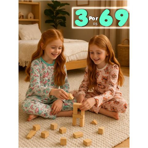 Kit C/ 2 Conjuntos de Pijama Térmicos de Menina 2 Blusas + 2 Calças R$ 59,90 - Inverno, Cores Sortidas