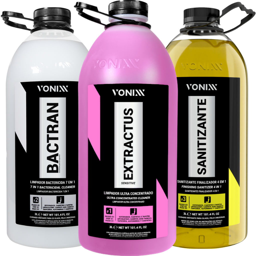 Kit VSC Vonixx Limpeza Veicular Automotivo Estofado Carpete Extractus Sensitive Bactran Sanitizante