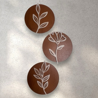 Trio Quadros Redondos Decorativos Moderno Decoração Mdf Flor Folhagem em Oferta na Shopee