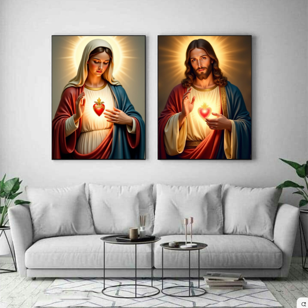 Kit 02 quadros decorativos sagrado coração de Maria e Jesus Cristo nosso salvador em Oferta na Shopee