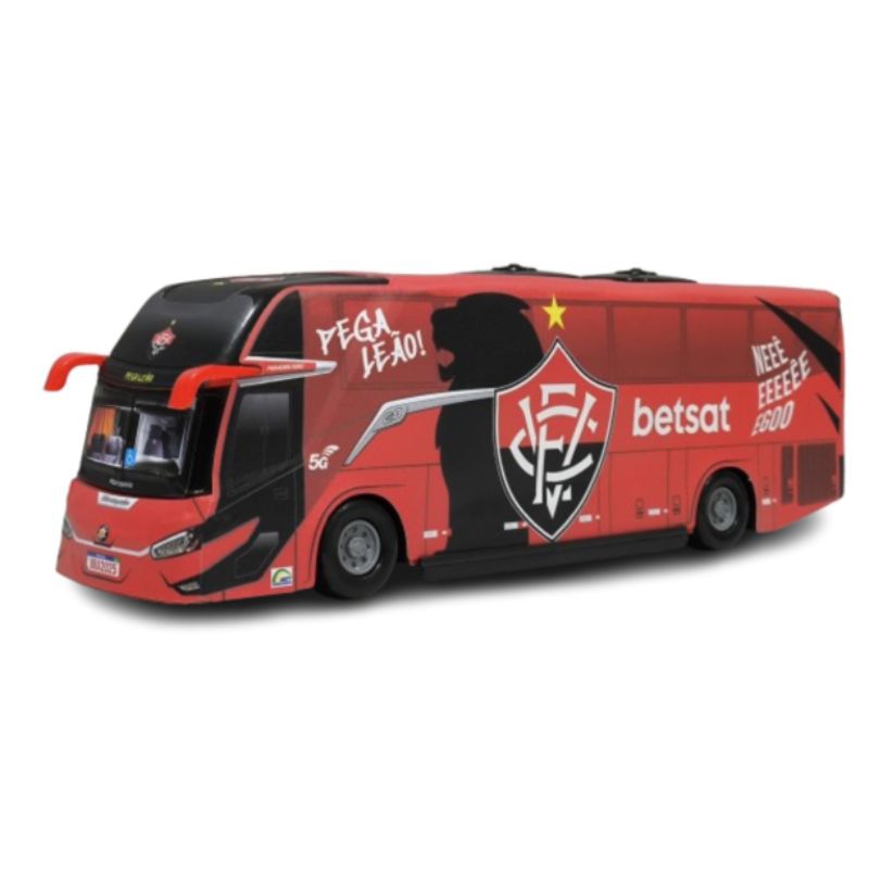 Brinquedo em miniatura de ônibus vitória Leão da Barra, pega Leão modelo Marcopolo Paradiso G8 lançamento 25 cm..