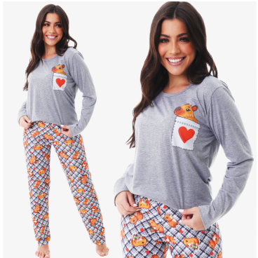 Pijama Feminino Adulto de Inverno Estampa de Capivara Coleção Outono Inverno - Meia Estação