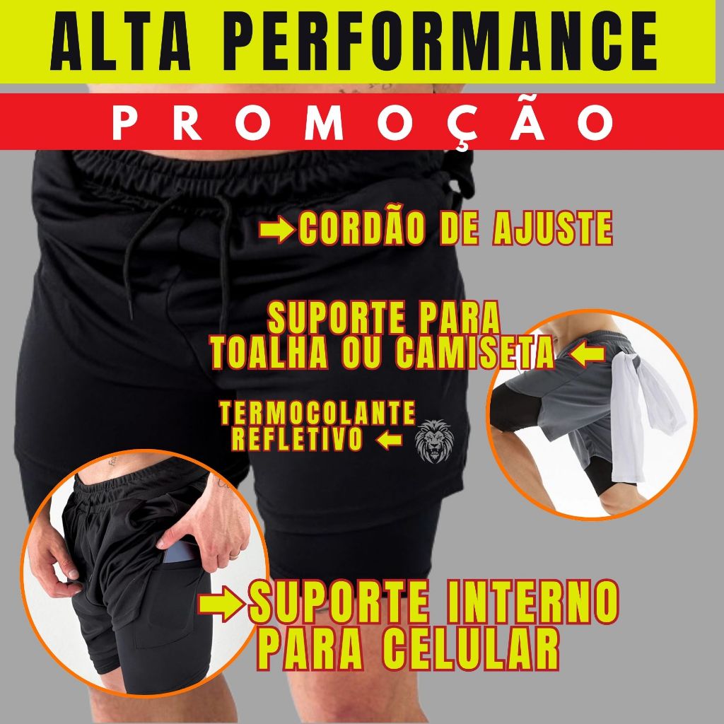 Short Masculino 2 em 1 com Forro de Compressão Academia Corrida Fitness Estilo e Conforto | Secagem Rápida - Lion