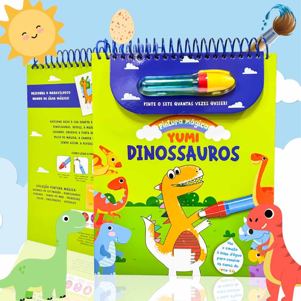 Livro Infantil Pinte Com Água Dinossauros | Acompanha Pincel Para Crianças - Capa Dura Espiral