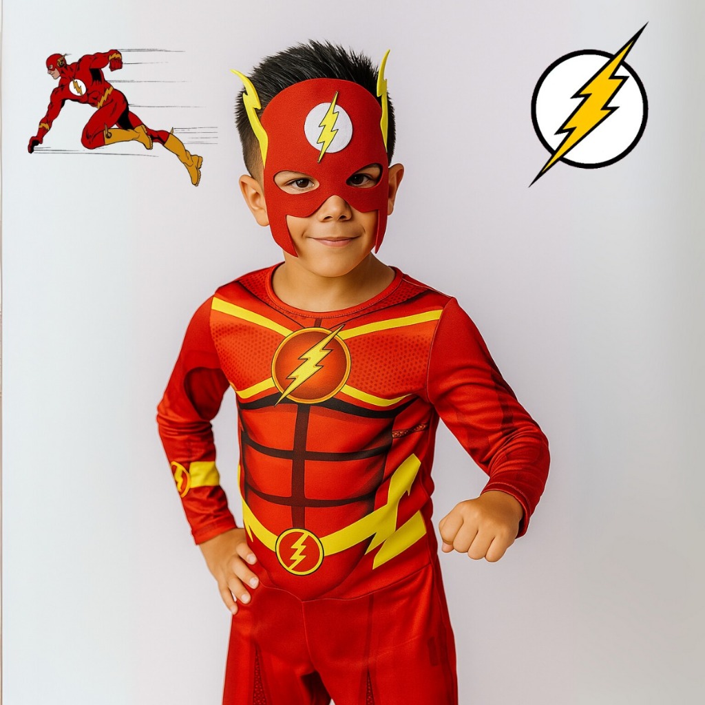 Roupa Fantasia Infantil Flash C/ Enchimento C/ Máscara de EVA