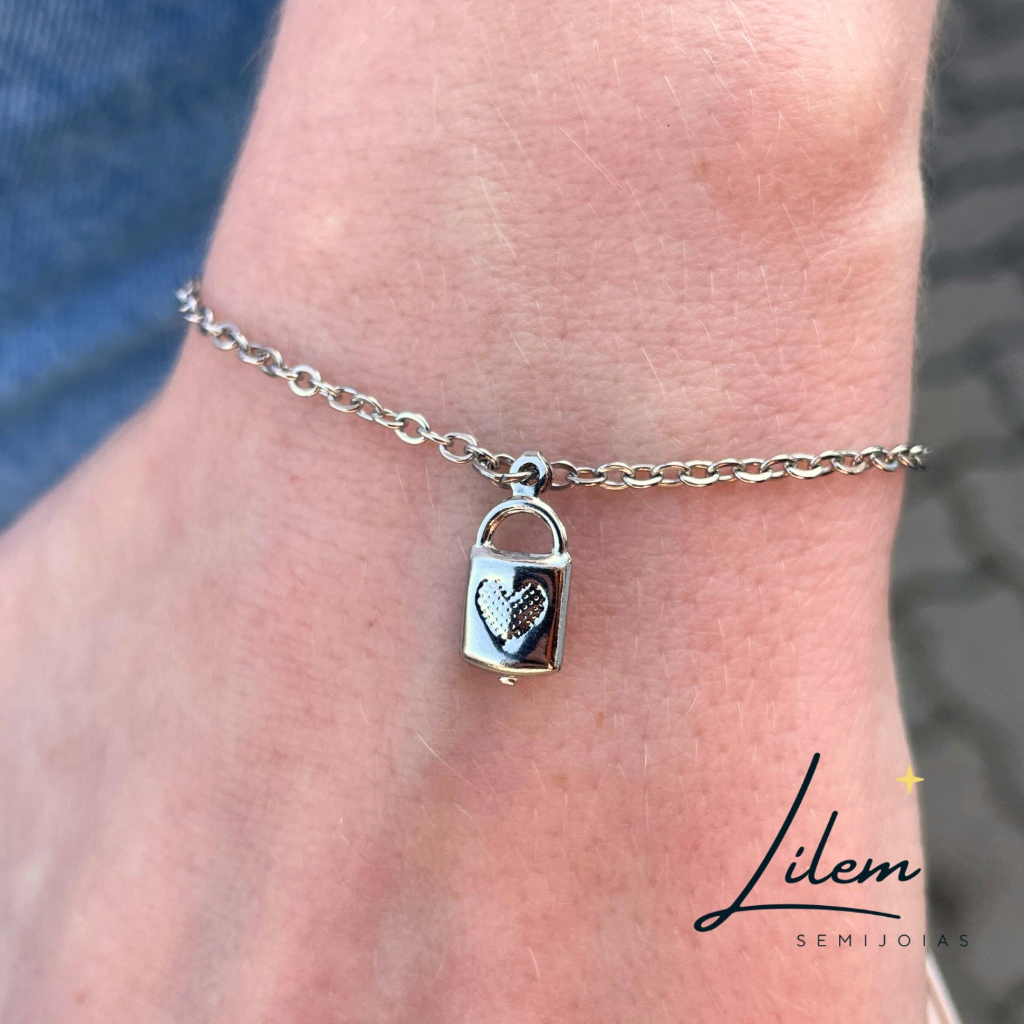 Pulseira Cadeado Namoro Prata em Aço Inoxidável - Lilem Semijoias - 17cm + 4cm extensor = 21cm total