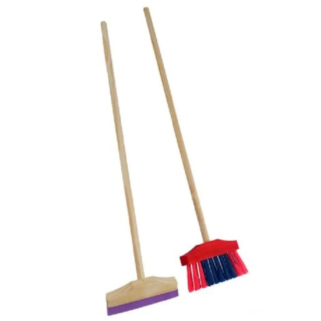 Kit Vassoura Piaçava e Rodo Infantil de Madeira Brinquedo