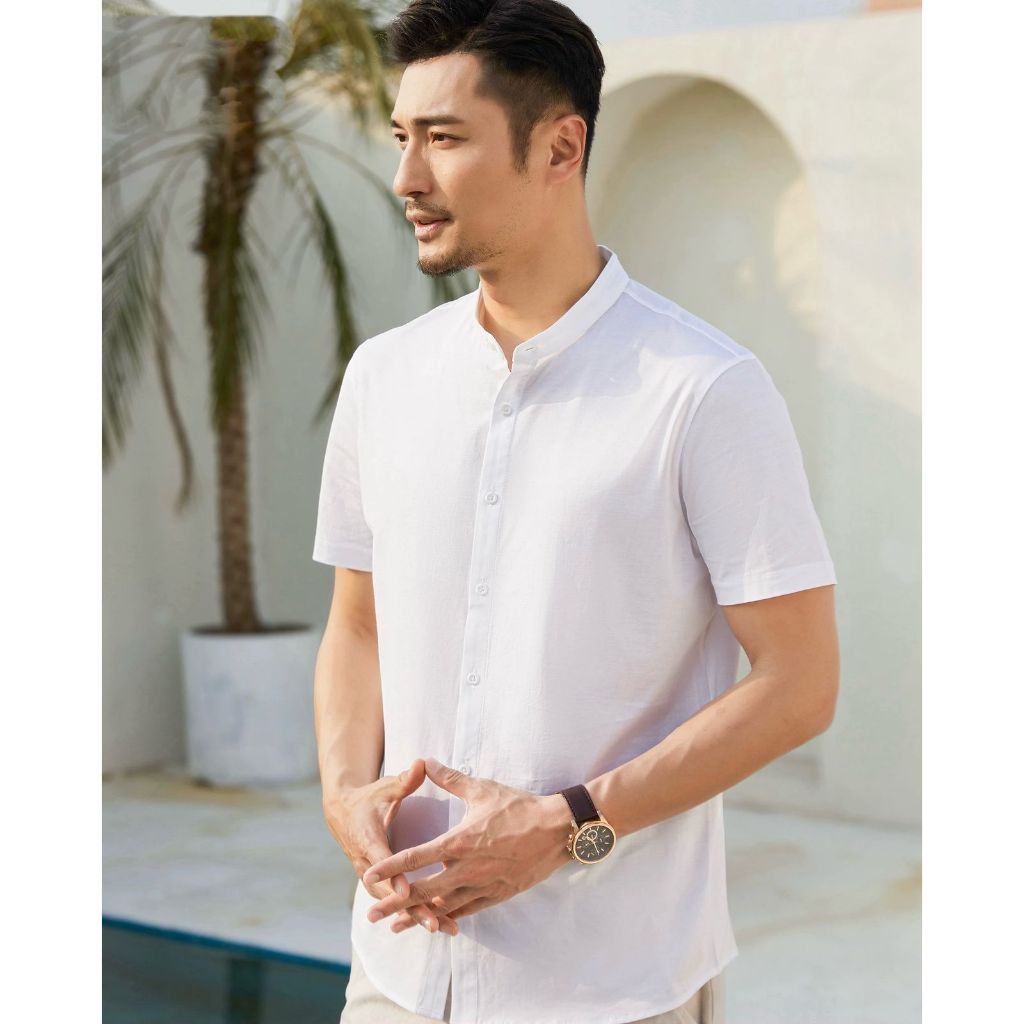 Camisa Masculina Gola Padre Social Casual Linho Algodão Manga Curta Moda Luxo — imagem 2 de 2