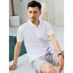 Camisa Masculina Gola Padre Social Casual Linho Algodão Manga Curta Moda Luxo