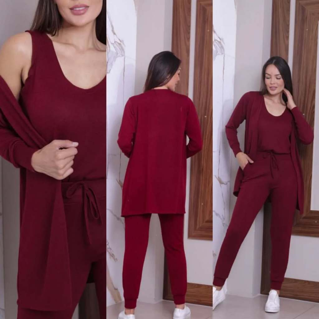 CONJUNTO FEMININO LANZINHA 3 PEÇAS REGATA CARDIGAN E CALÇA