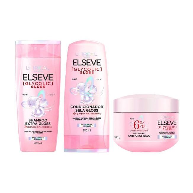 Kit Glycolic Gloss Elseve L'Oréal Paris - Shampoo 200ml + Condicionador 200ml + Creme de Tratamento 300g em Oferta na Shopee