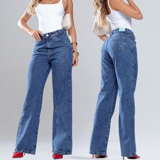Calça Jeans Wide Leg Feminina Marmorizada Cintura Alta Levanta Bumbum Linha PremiumCom Bolso pantalona em Oferta na Shopee