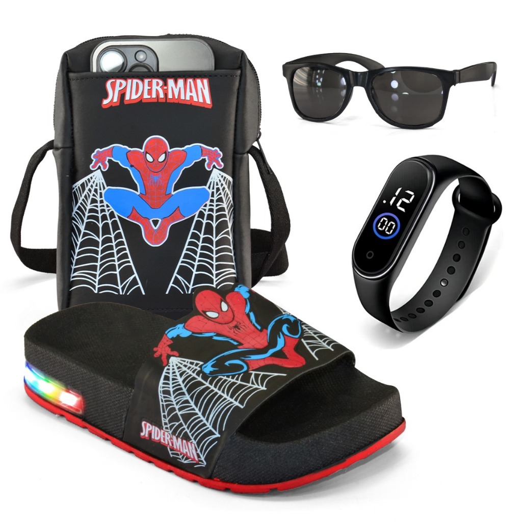 Kit Chinelo De LED Do Homem Aranha Com Bolsa Óculos e Relógio Para a Diversão dos pequenos